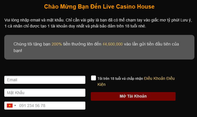 Đăng ký tài khoản Live Casino House